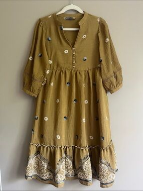 Fig and Flower brown embroidered peasant babydoll midi dress size large